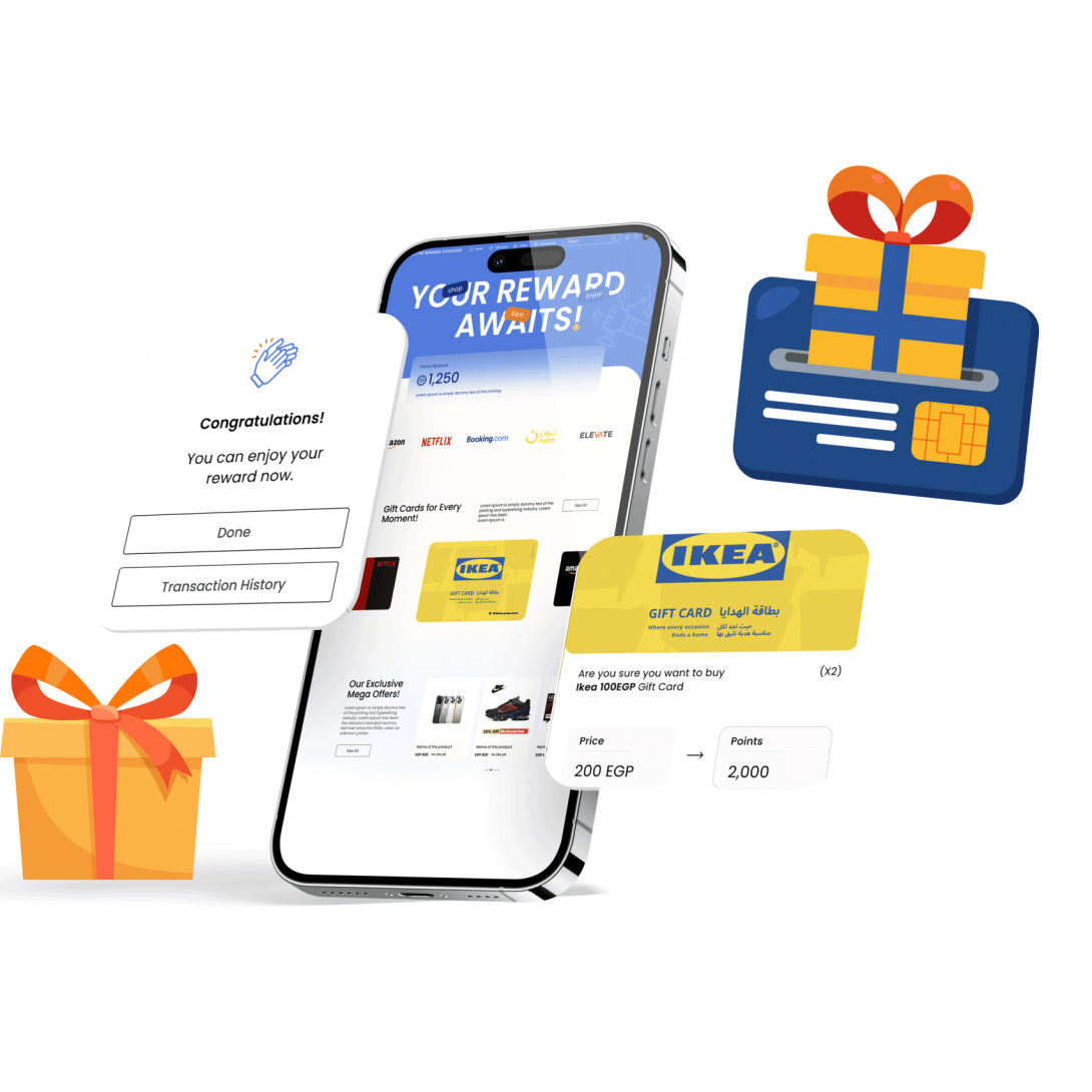 Rewards catalogue banner with gift icons and reward options for members.